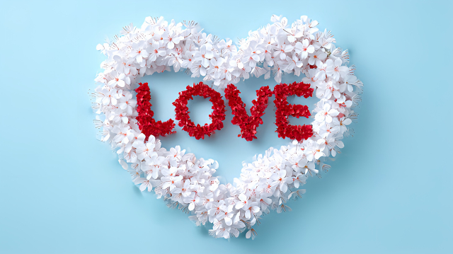 白いお花で作ったハートの中にLOVEという文字の赤いお花