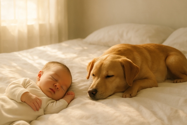 ベッドで寝ている赤ちゃんと犬