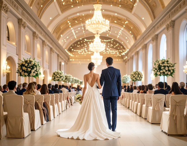 チャペルで結婚式をしている男女の後ろ姿